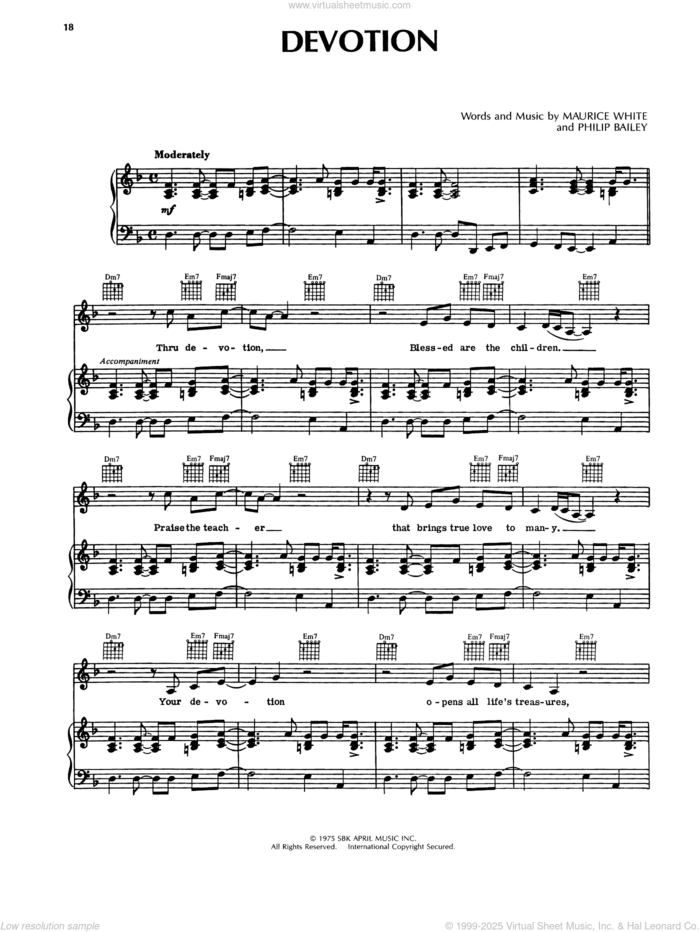 Devotion sheet music for voice, piano or guitar by Earth, Wind & Fire, Maurice White and Philip Bailey, intermediate skill level