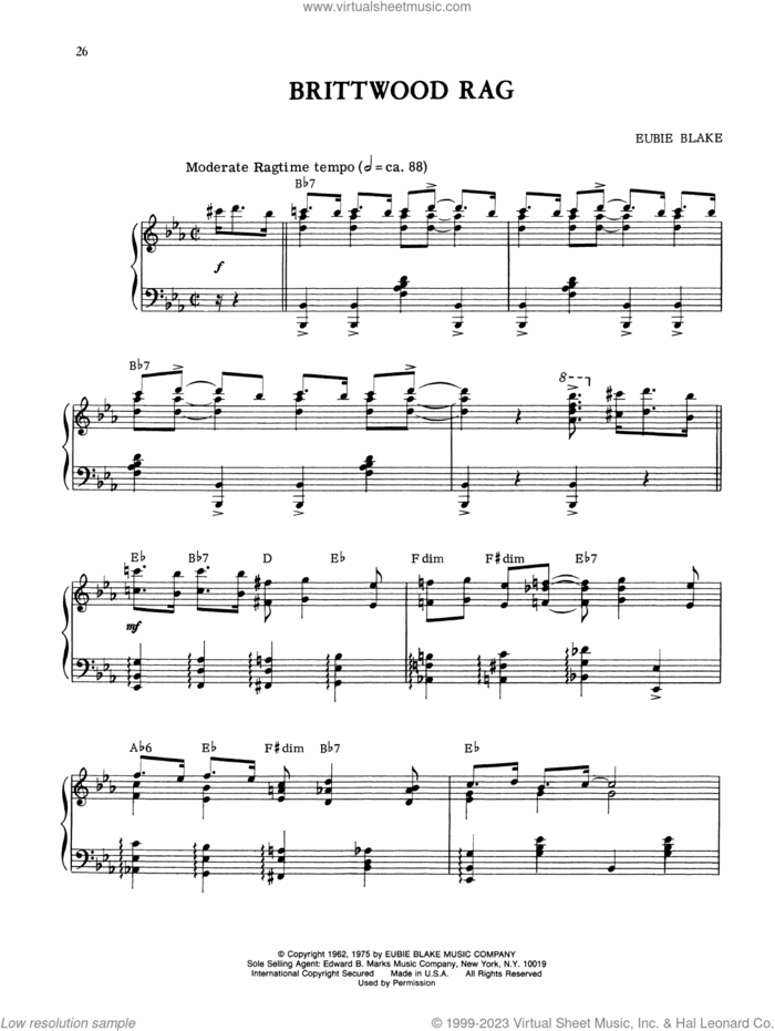 Brittwood Rag sheet music for piano solo by Eubie Blake, intermediate skill level