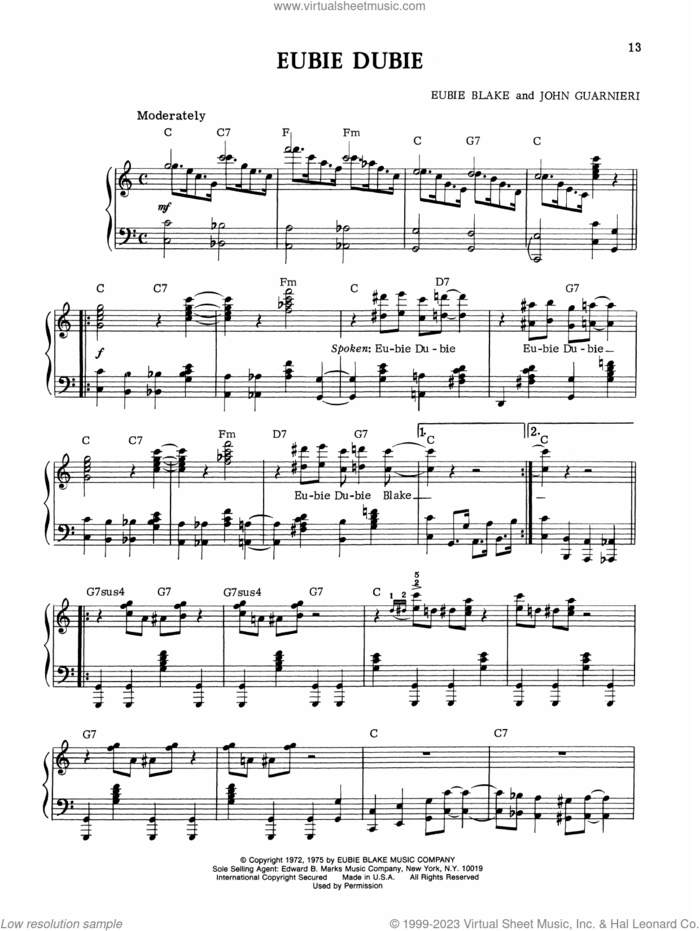 Eubie Dubie sheet music for piano solo by Eubie Blake, intermediate skill level