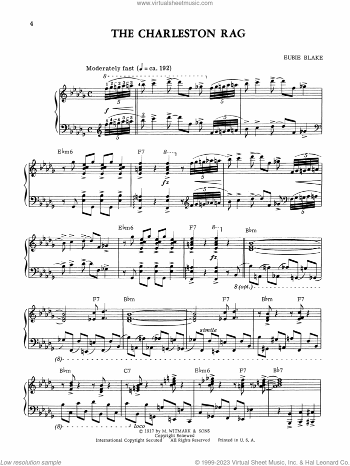 The Charleston Rag sheet music for piano solo by Eubie Blake, intermediate skill level