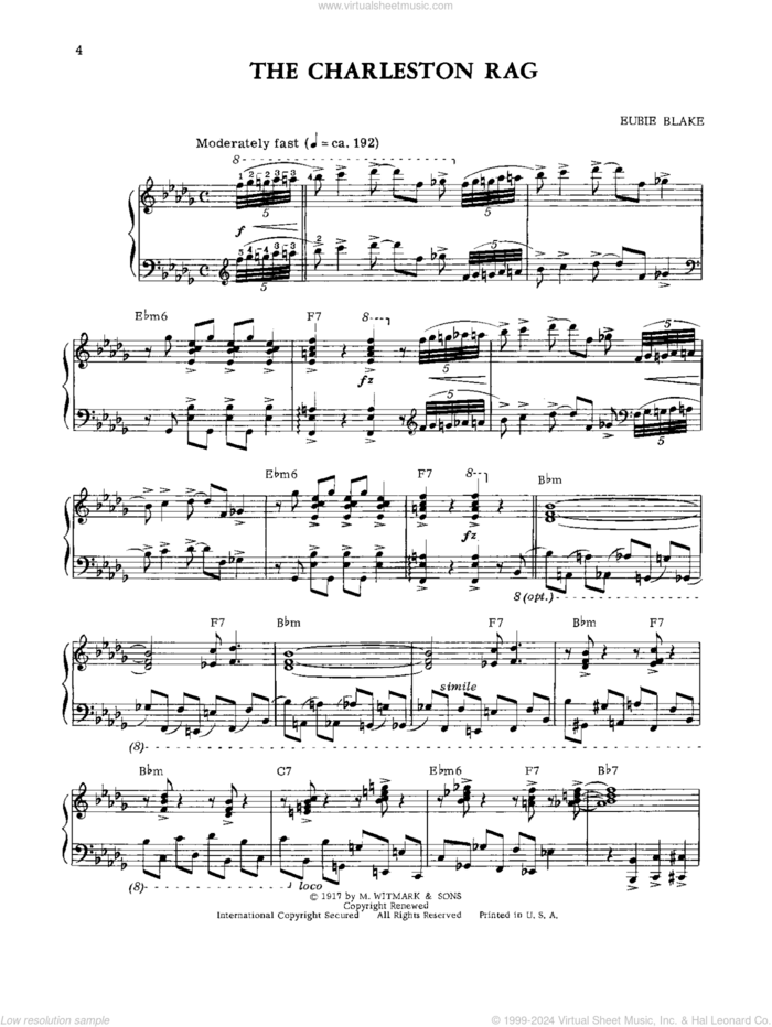 The Charleston Rag sheet music for piano solo by Eubie Blake, intermediate skill level