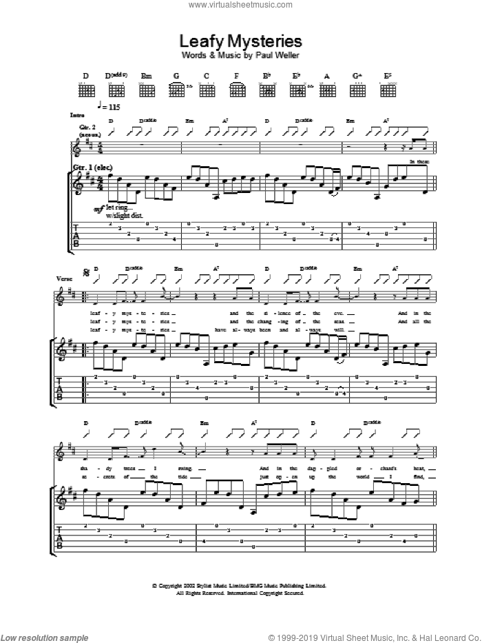 Leafy Mysteries sheet music for guitar (tablature) by Paul Weller, intermediate skill level