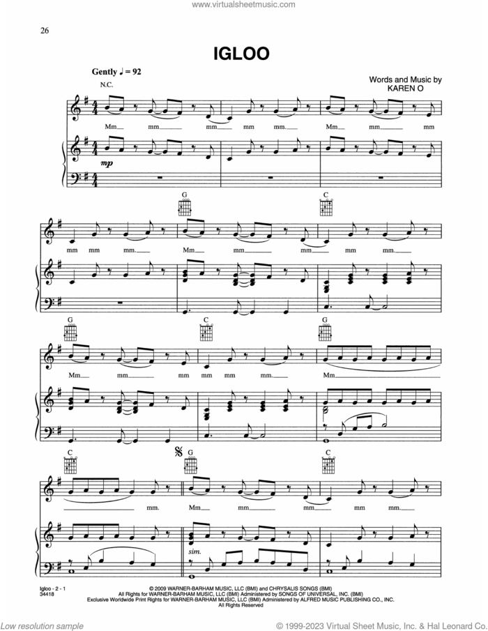 Igloo (from Where The Wild Things Are) sheet music for voice, piano or guitar by Karen O & The Kids and Karen Orzolek, intermediate skill level