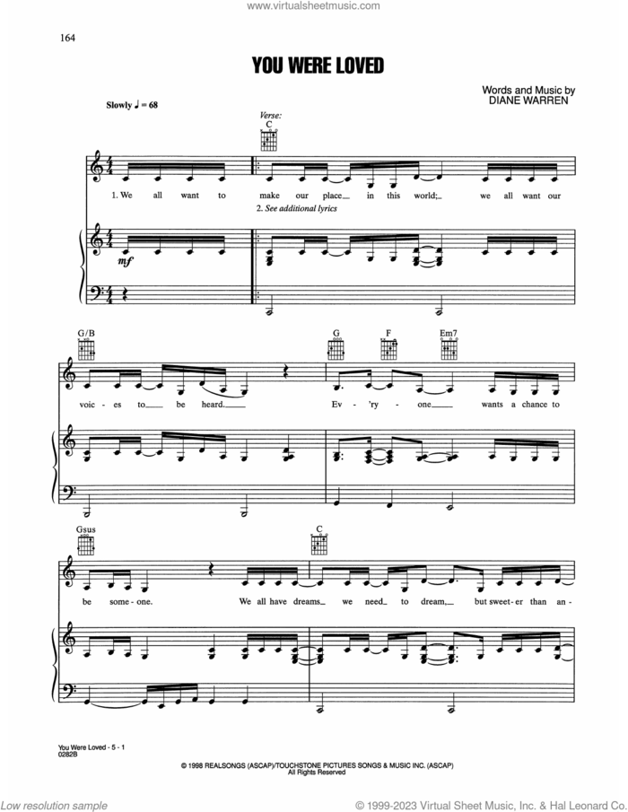 You Were Loved sheet music for voice, piano or guitar by Whitney Houston and Diane Warren, intermediate skill level