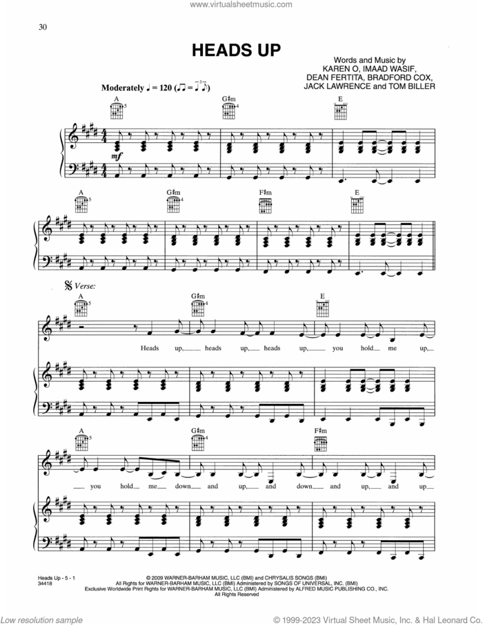 Heads Up (from Where The Wild Things Are) sheet music for voice, piano or guitar by Karen O & The Kids, Bradford Cox, Dean Fertita, Imaad Wasif, Jack Lawrence, Karen Orzolek and Tom Biller, intermediate skill level
