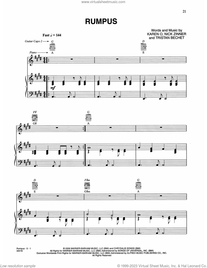 Rumpus (from Where The Wild Things Are) sheet music for voice, piano or guitar by Karen O & The Kids, Karen Orzolek, Nick Zinner and Tristan Bechet, intermediate skill level