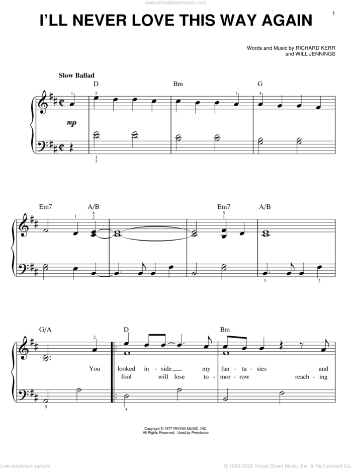 I'll Never Love This Way Again sheet music for piano solo by Dionne Warwick, Richard Kerr and Will Jennings, easy skill level