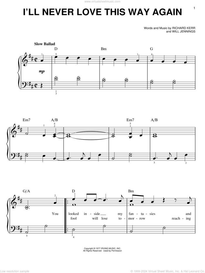 I'll Never Love This Way Again sheet music for piano solo by Dionne Warwick, Richard Kerr and Will Jennings, easy skill level