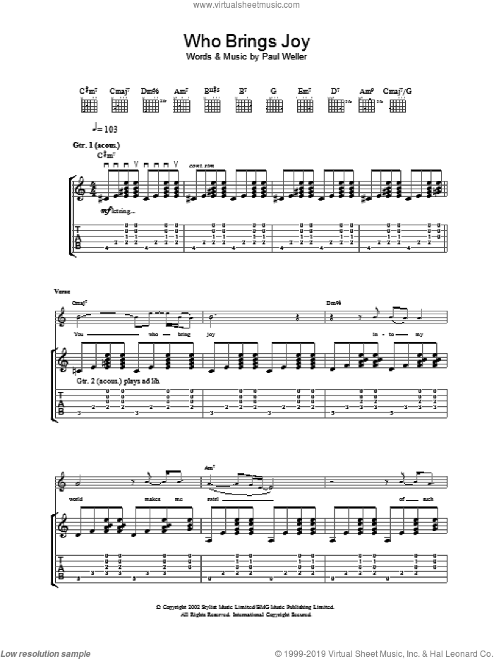 Who Brings Joy sheet music for guitar (tablature) by Paul Weller, intermediate skill level