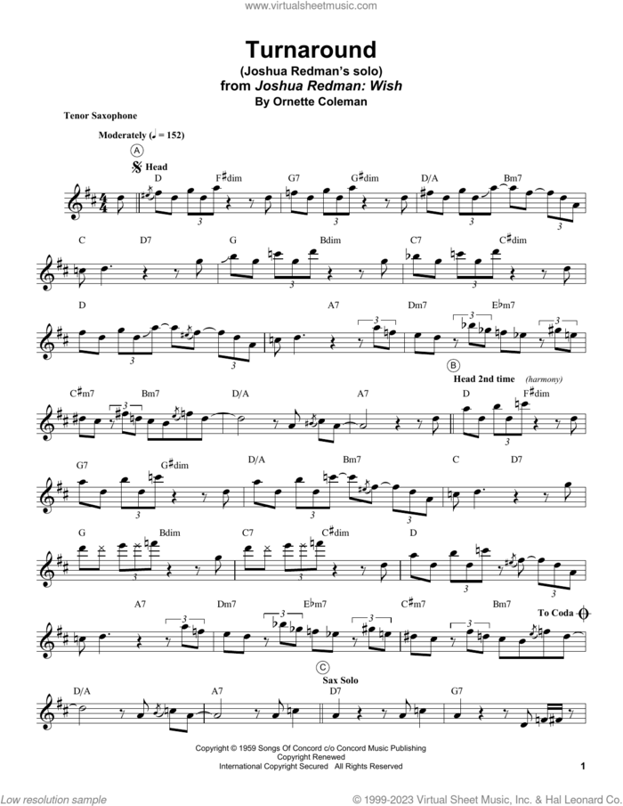 Turnaround sheet music for tenor saxophone solo (transcription) by Joshua Redman and Ornette Coleman, intermediate tenor saxophone (transcription)