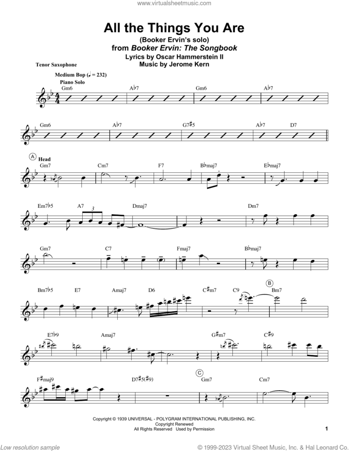 All The Things You Are sheet music for tenor saxophone solo (transcription) by Booker Ervin, Jack Leonard with Tommy Dorsey Orchestra, Jerome Kern and Oscar II Hammerstein, intermediate tenor saxophone (transcription)