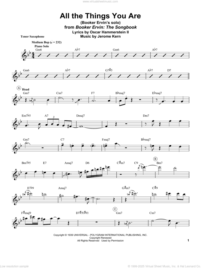 All The Things You Are sheet music for tenor saxophone solo (transcription) by Booker Ervin, Jack Leonard with Tommy Dorsey Orchestra, Jerome Kern and Oscar II Hammerstein, intermediate tenor saxophone (transcription)