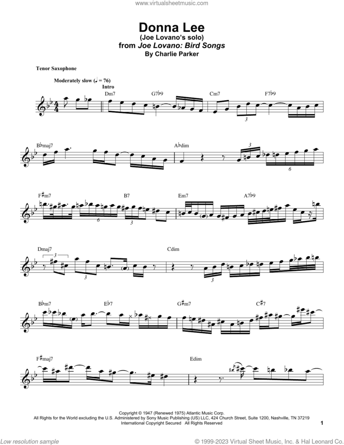 Donna Lee sheet music for tenor saxophone solo (transcription) by Joe Lovano and Charlie Parker, intermediate tenor saxophone (transcription)