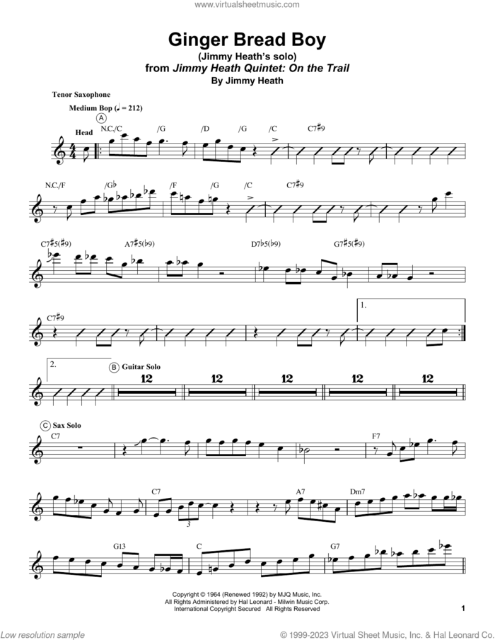 Ginger Bread Boy sheet music for tenor saxophone solo (transcription) by Jimmy Heath, intermediate tenor saxophone (transcription)