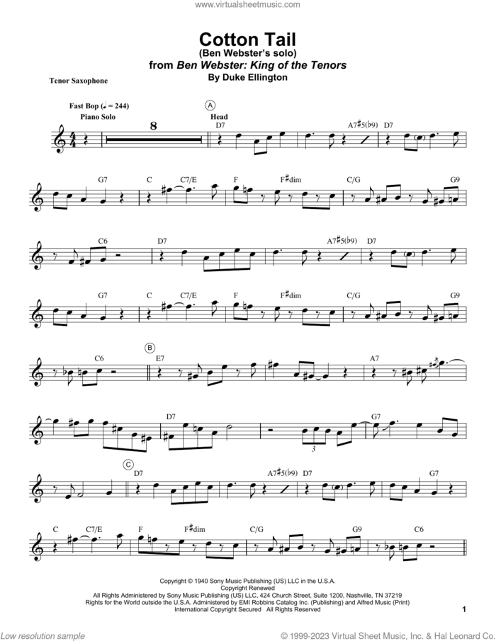 Cotton Tail sheet music for tenor saxophone solo (transcription) by Ben Webster and Duke Ellington, intermediate tenor saxophone (transcription)