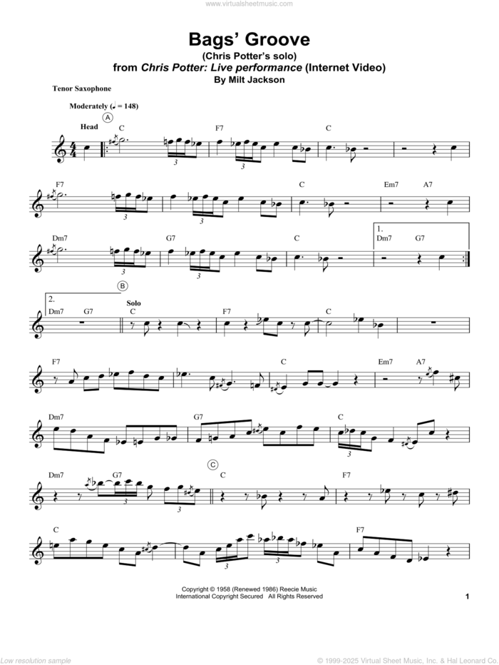 Bags' Groove sheet music for tenor saxophone solo (transcription) by Chris Potter and Milt Jackson, intermediate tenor saxophone (transcription)