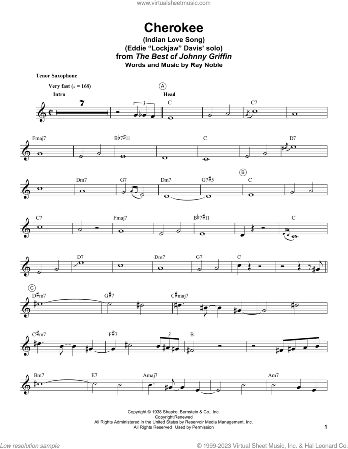 Cherokee (Indian Love Song) sheet music for tenor saxophone solo (transcription) by Eddie 'Lockjaw' Davis, Benny Goodman Sextet, Charlie Barnet & his Orchestra, Johnny Griffin and Ray Noble And His Orchestra and Ray Noble, intermediate tenor saxophone (transcription)