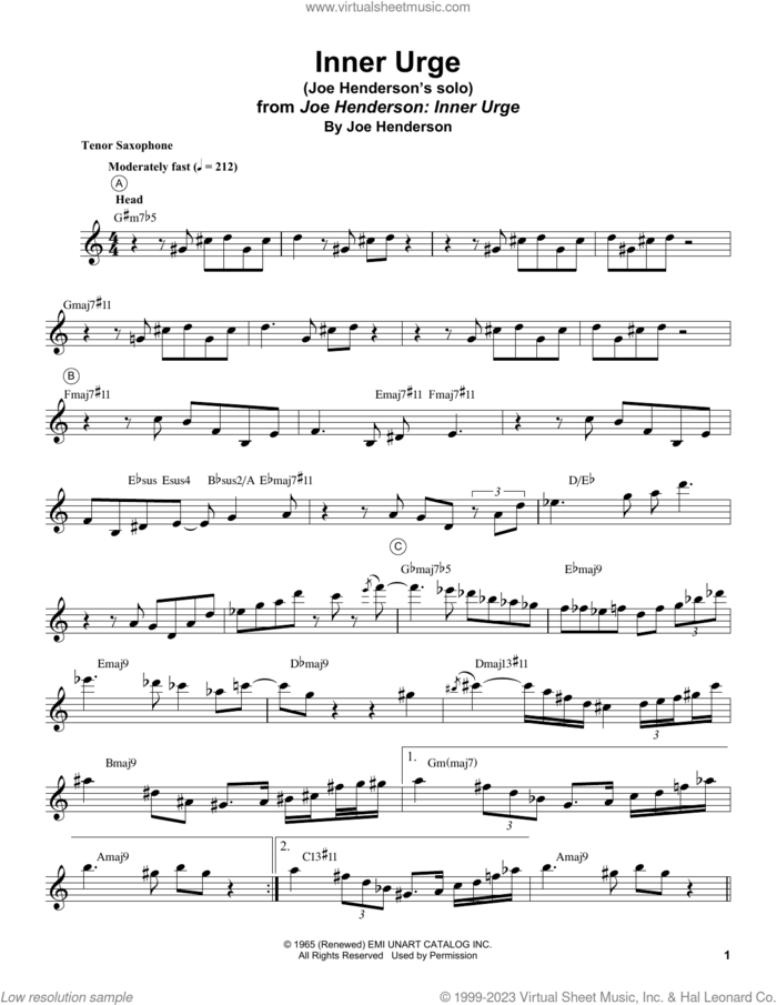 Inner Urge sheet music for tenor saxophone solo (transcription) by Joe Henderson, intermediate tenor saxophone (transcription)