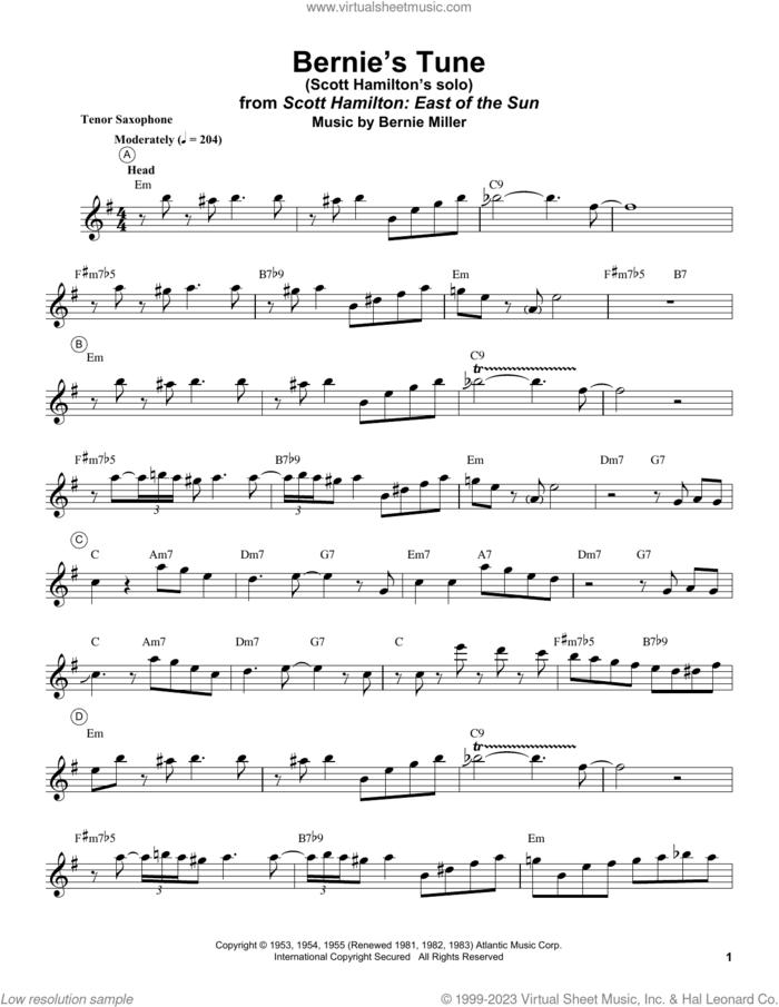 Bernie's Tune sheet music for tenor saxophone solo (transcription) by Scott Hamilton, Bernie Miller, Jerry Lieber and Mike Stoller, intermediate tenor saxophone (transcription)