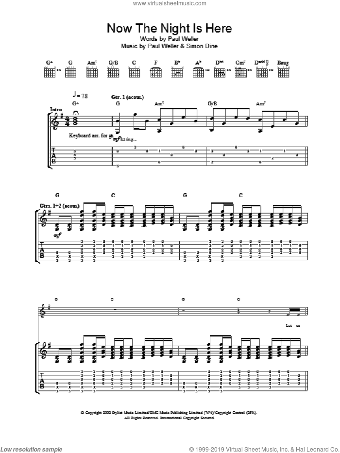 Now The Night Is Here sheet music for guitar (tablature) by Paul Weller, intermediate skill level