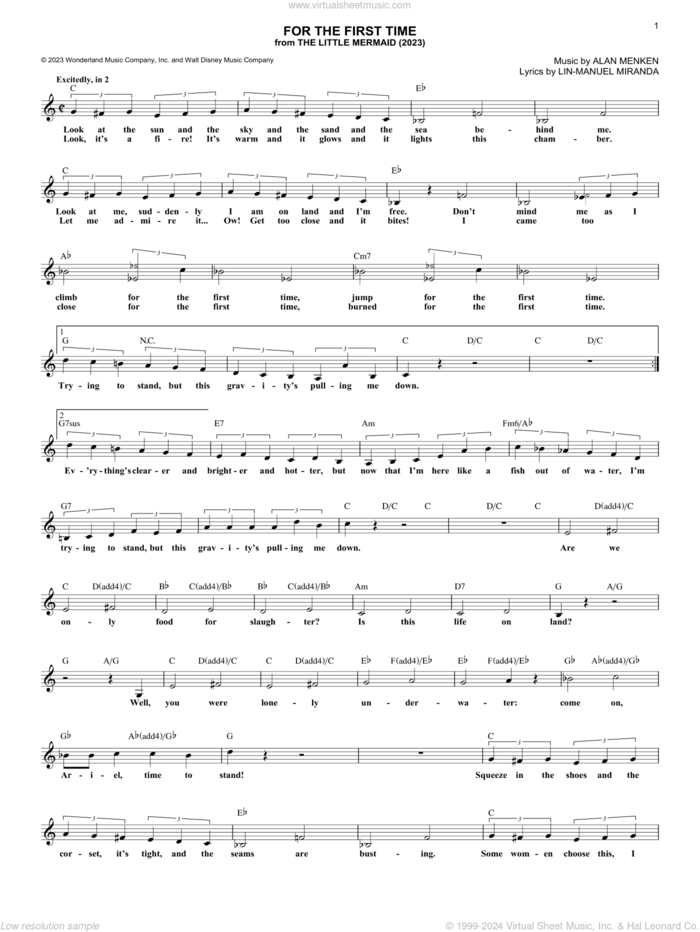 For The First Time (from The Little Mermaid) (2023) sheet music for voice and other instruments (fake book) by Halle Bailey, Alan Menken and Lin-Manuel Miranda, intermediate skill level