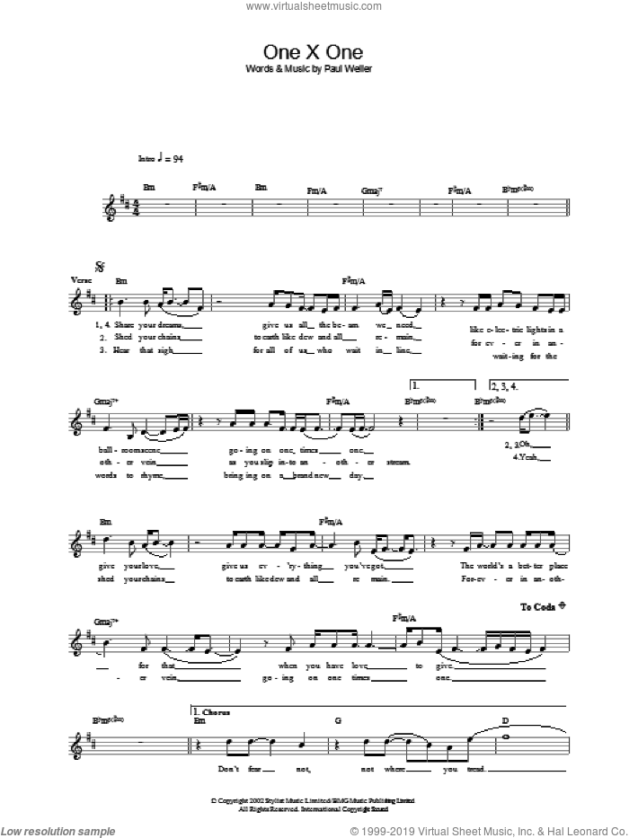 One X One sheet music for voice and other instruments (fake book) by Paul Weller, intermediate skill level