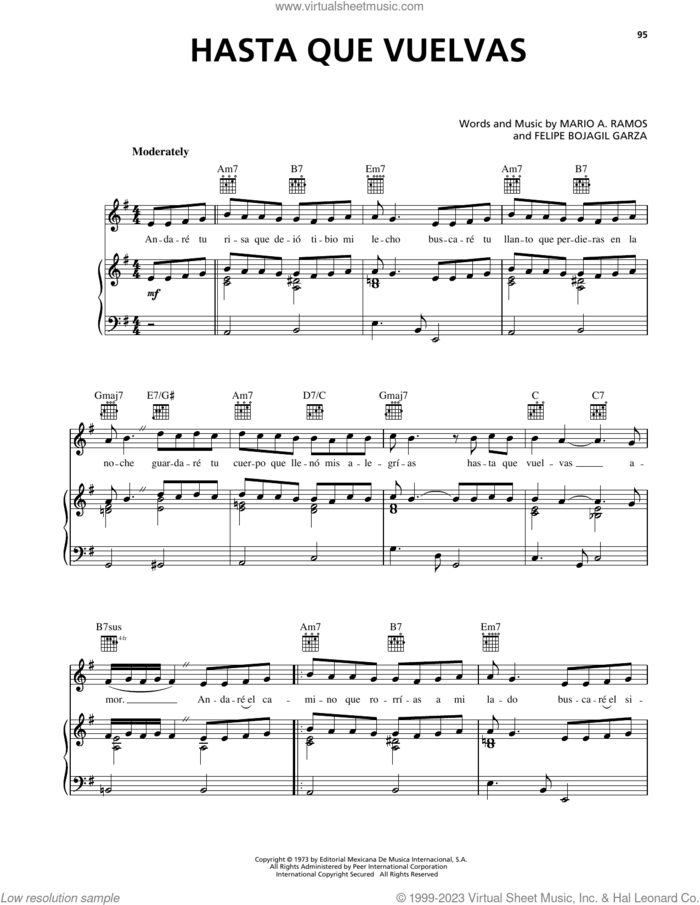 Hasta Que Vuelvas sheet music for voice, piano or guitar by Luis Miguel, Felipe Bojagil Garza and Mario A. Ramos, intermediate skill level