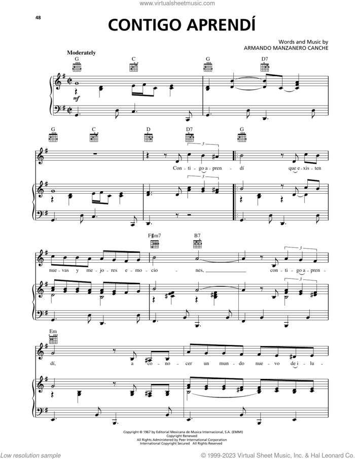 Contigo Aprendi sheet music for voice, piano or guitar by Armando Manzanero Canche, intermediate skill level
