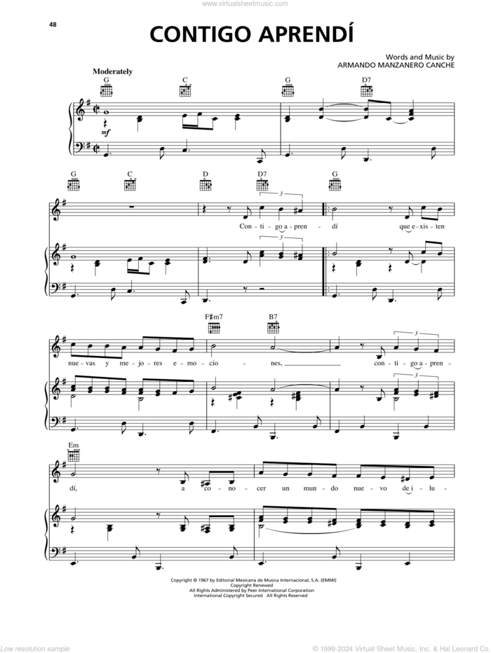 Contigo Aprendi sheet music for voice, piano or guitar by Armando Manzanero Canche, intermediate skill level