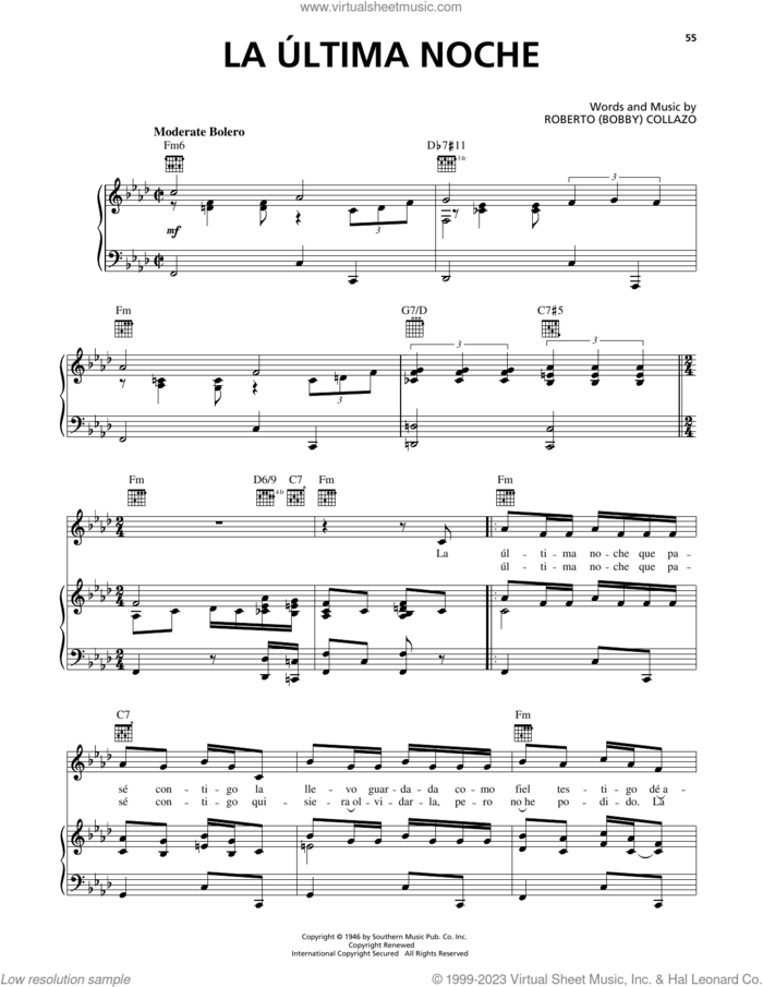 La Ultima Noche sheet music for voice, piano or guitar by Eydie Gormé and Roberto (Bobby) Collazo, intermediate skill level