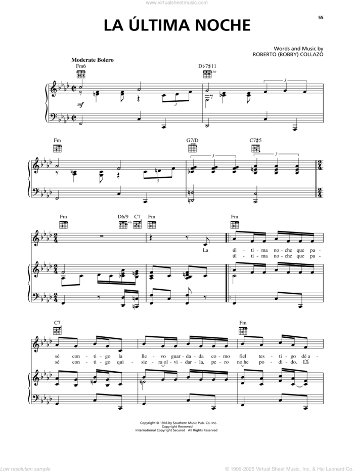 La Ultima Noche sheet music for voice, piano or guitar by Eydie Gormé and Roberto (Bobby) Collazo, intermediate skill level