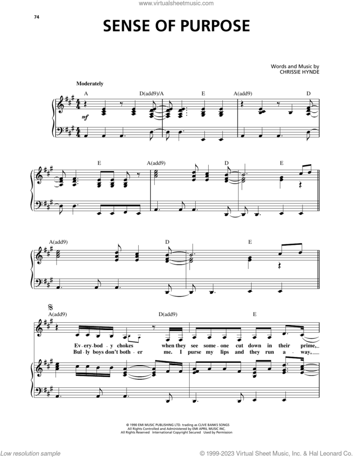 Sense Of Purpose sheet music for voice, piano or guitar by Pretenders and Chrissie Hynde, intermediate skill level