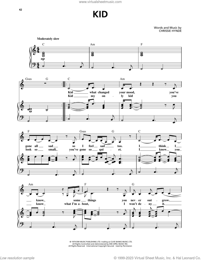 Kid sheet music for voice, piano or guitar by Pretenders and Chrissie Hynde, intermediate skill level
