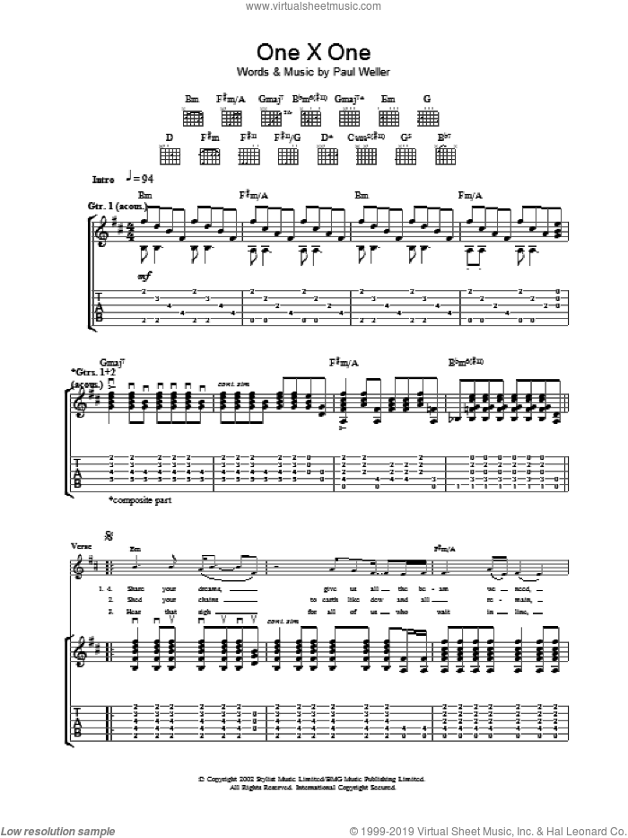 One X One sheet music for guitar (tablature) by Paul Weller, intermediate skill level