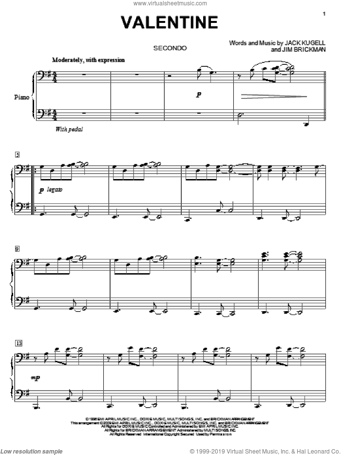 Valentine sheet music for piano four hands by Jim Brickman with Martina McBride, Jack Kugell and Jim Brickman, wedding score, intermediate skill level