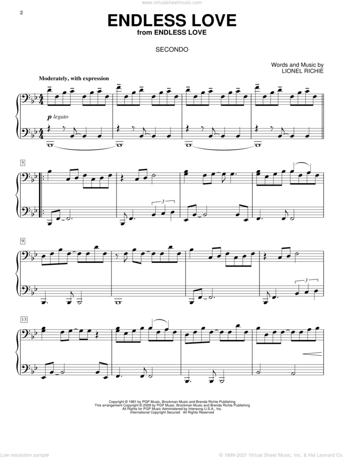 Endless Love sheet music for piano four hands by Lionel Richie and Miscellaneous, wedding score, intermediate skill level