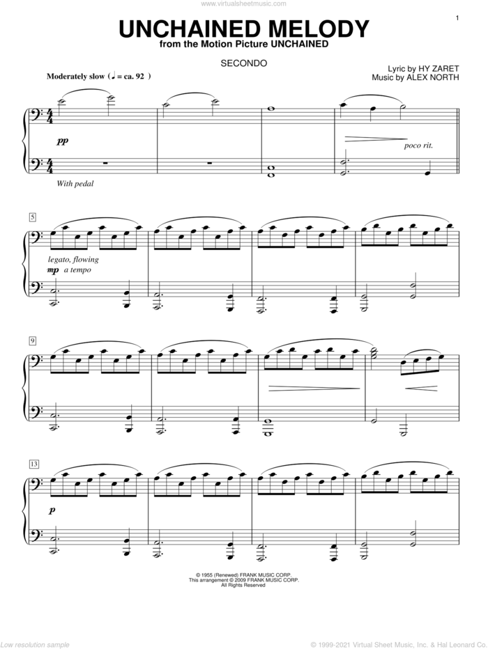 Unchained Melody sheet music for piano four hands by The Righteous Brothers, Alex North and Hy Zaret, wedding score, intermediate skill level