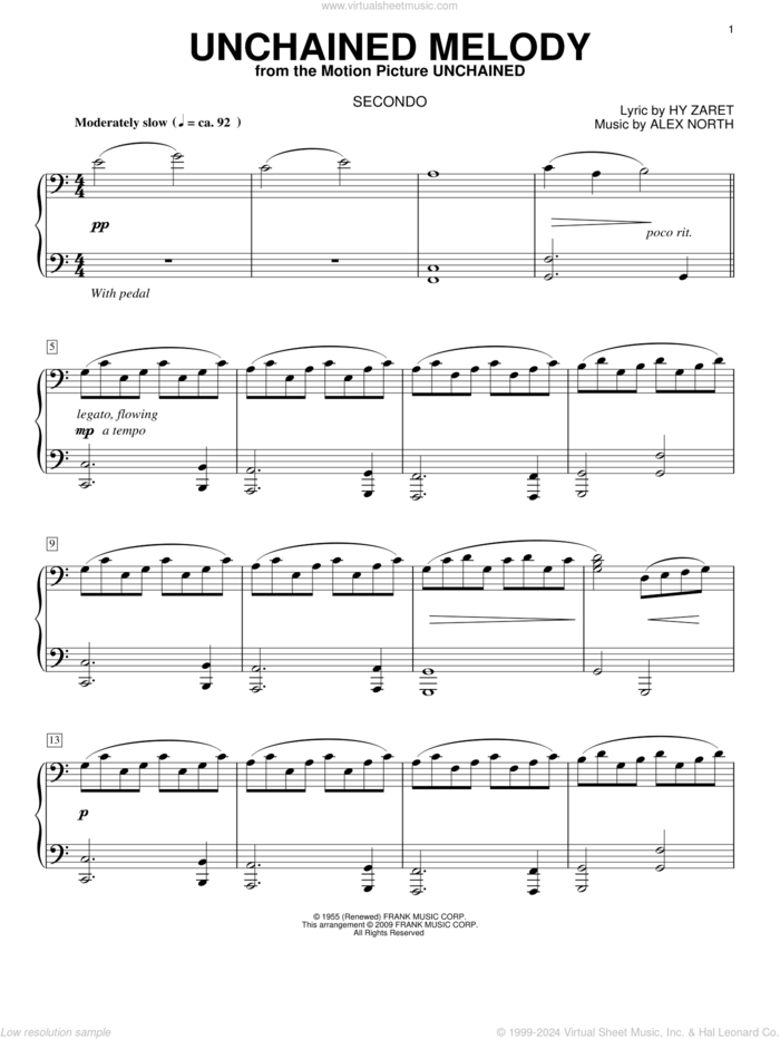 Unchained Melody sheet music for piano four hands by The Righteous Brothers, Alex North and Hy Zaret, wedding score, intermediate skill level