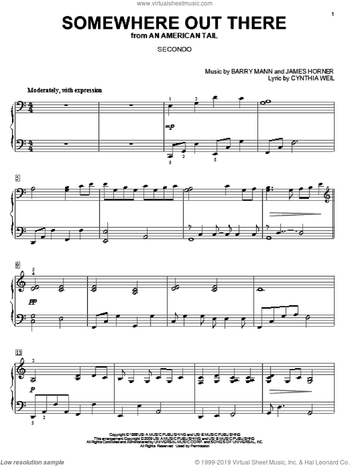 Somewhere Out There sheet music for piano four hands by James Horner, Barry Mann and Cynthia Weil, wedding score, intermediate skill level