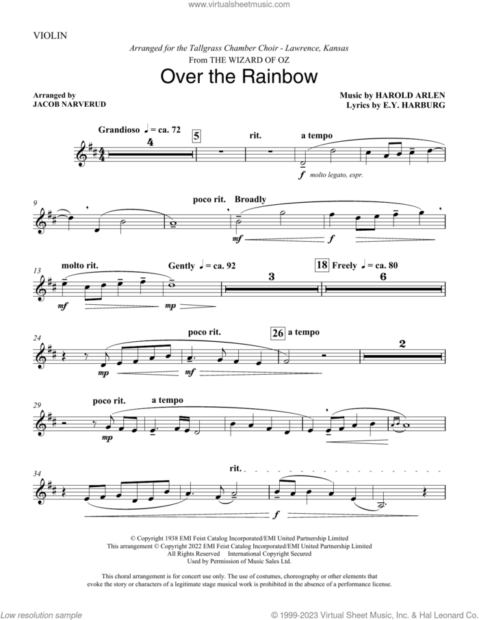 Over The Rainbow (from The Wizard Of Oz) (arr. Jacob Narverud) sheet music for orchestra/band (violin) by Judy Garland, Jacob Narverud, E.Y. Harburg and Harold Arlen, intermediate skill level