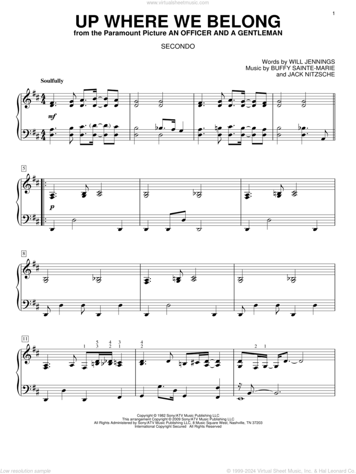 Up Where We Belong sheet music for piano four hands by Joe Cocker, Buffy Sainte-Marie, Jack Nitzche and Will Jennings, wedding score, intermediate skill level