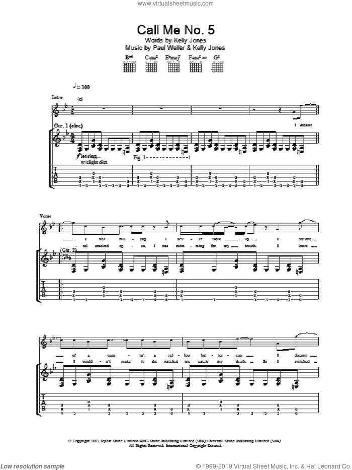 Call Me No. 5 sheet music for guitar (tablature) by Paul Weller, intermediate skill level