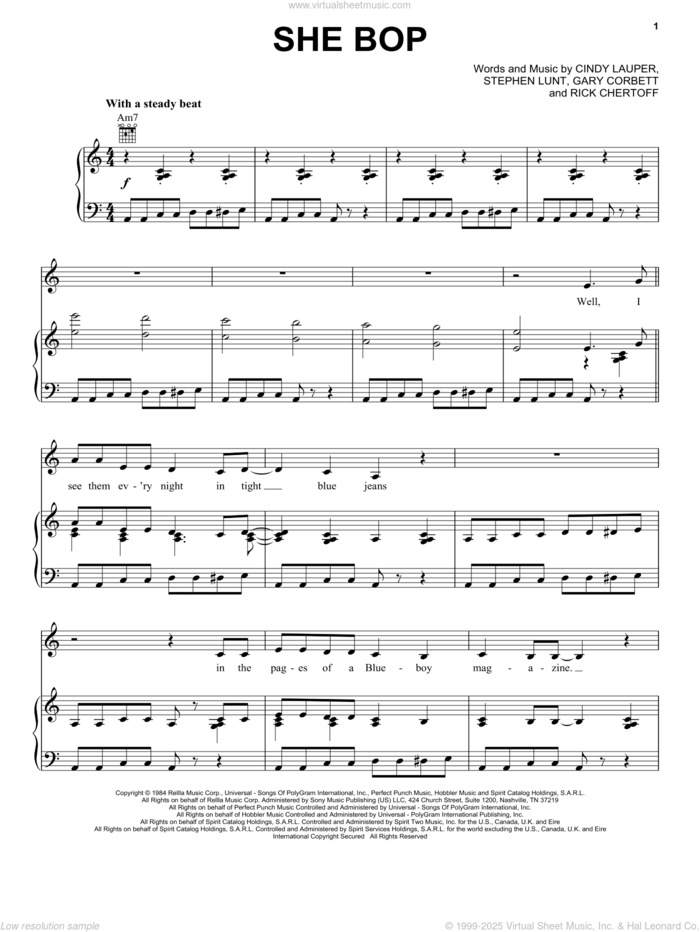 She Bop sheet music for voice, piano or guitar by Cyndi Lauper, Gary Corbett, Rich Chertoff and Stephen Lunt, intermediate skill level