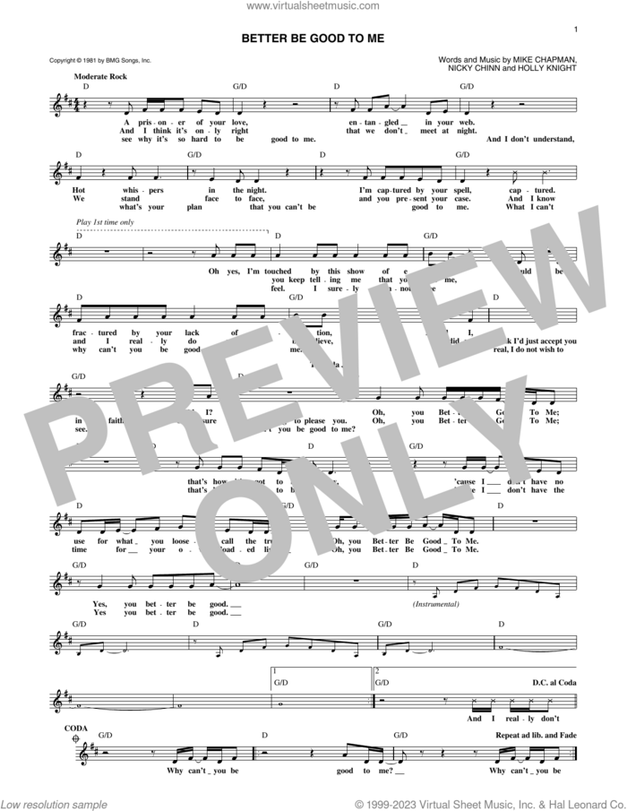 Better Be Good To Me sheet music for voice and other instruments (fake book) by Tina Turner, Holly Knight, Mike Chapman and Nicky Chinn, intermediate skill level