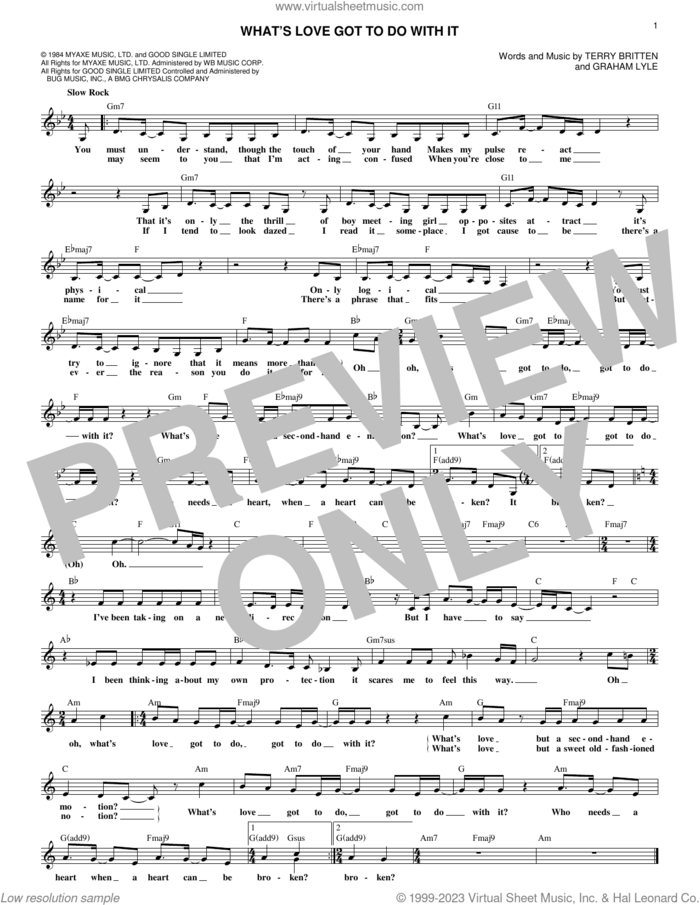 What's Love Got To Do With It sheet music for voice and other instruments (fake book) by Tina Turner, Graham Lyle and Terry Britten, intermediate skill level