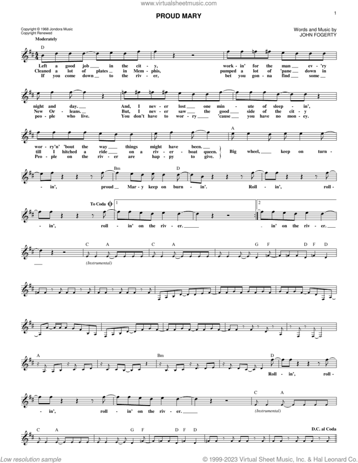 Proud Mary sheet music for voice and other instruments (fake book) by Tina Turner, Creedence Clearwater Revival and John Fogerty, intermediate skill level