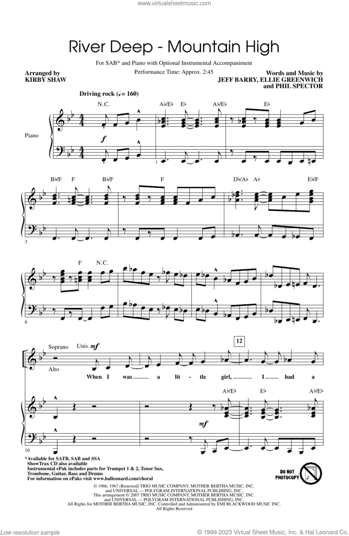 River Deep - Mountain High (arr. Kirby Shaw) sheet music for choir (SAB: soprano, alto, bass) by Tina Turner, Kirby Shaw, Ike & Tina Turner, Ellie Greenwich, Jeff Barry and Phil Spector, intermediate skill level
