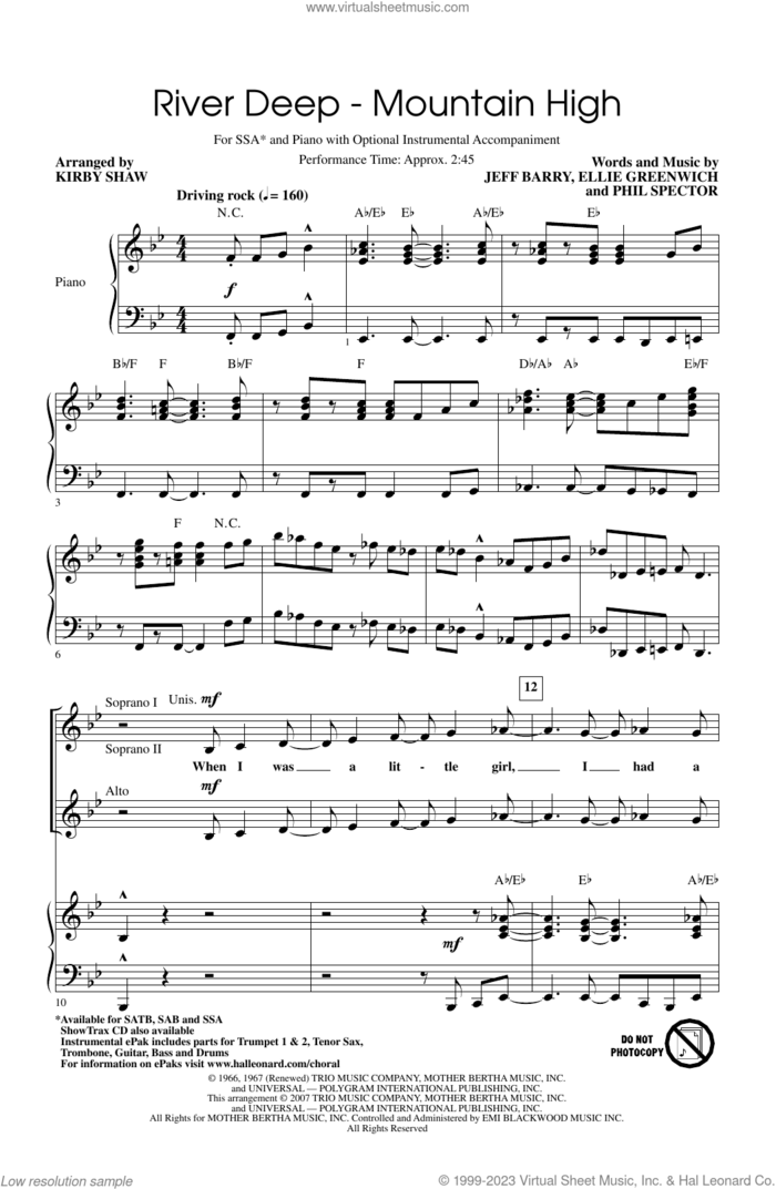 River Deep - Mountain High (arr. Kirby Shaw) sheet music for choir (SSA: soprano, alto) by Tina Turner, Kirby Shaw, Ike & Tina Turner, Ellie Greenwich, Jeff Barry and Phil Spector, intermediate skill level