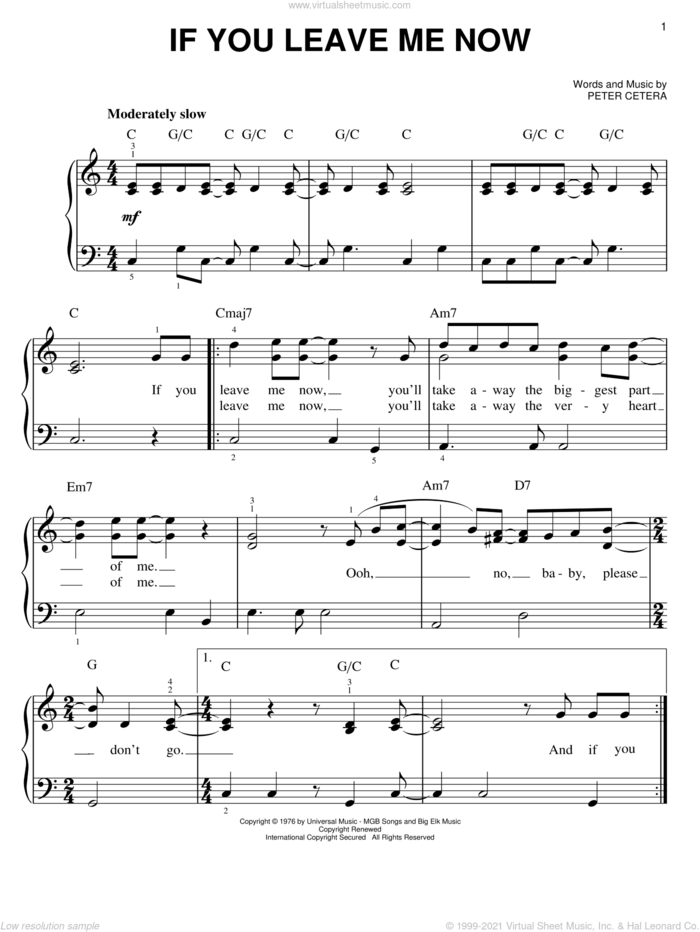 If You Leave Me Now sheet music for piano solo by Chicago and Peter Cetera, easy skill level
