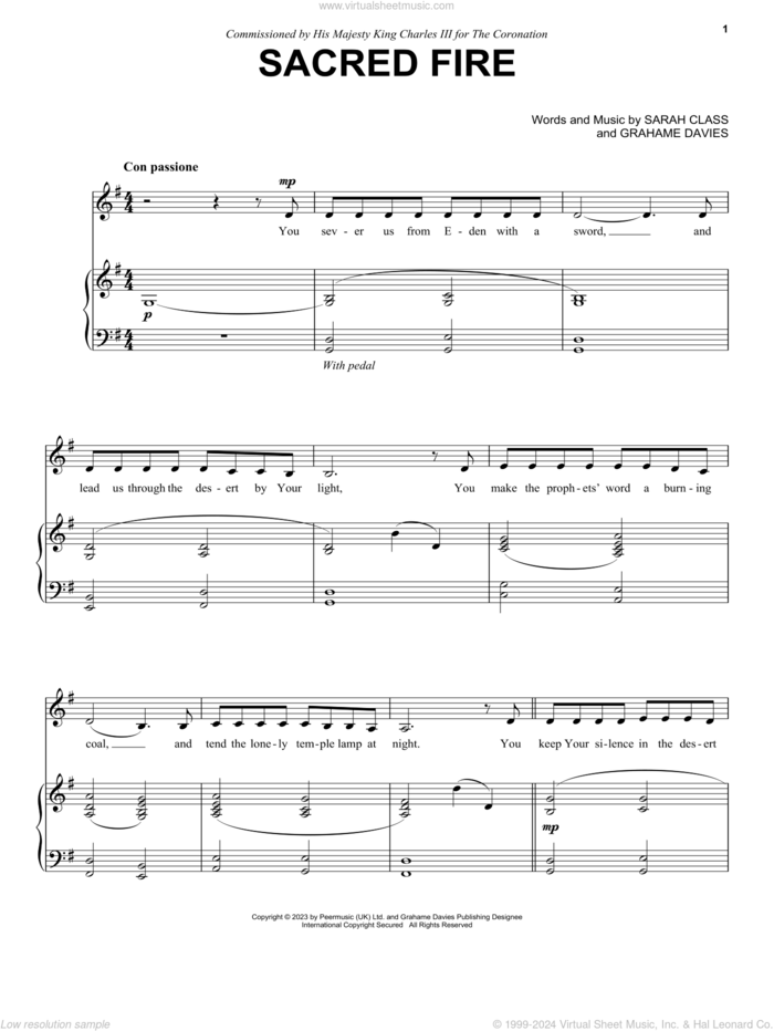 Sacred Fire sheet music for voice and piano by Sarah Class and Grahame Davies, classical score, intermediate skill level